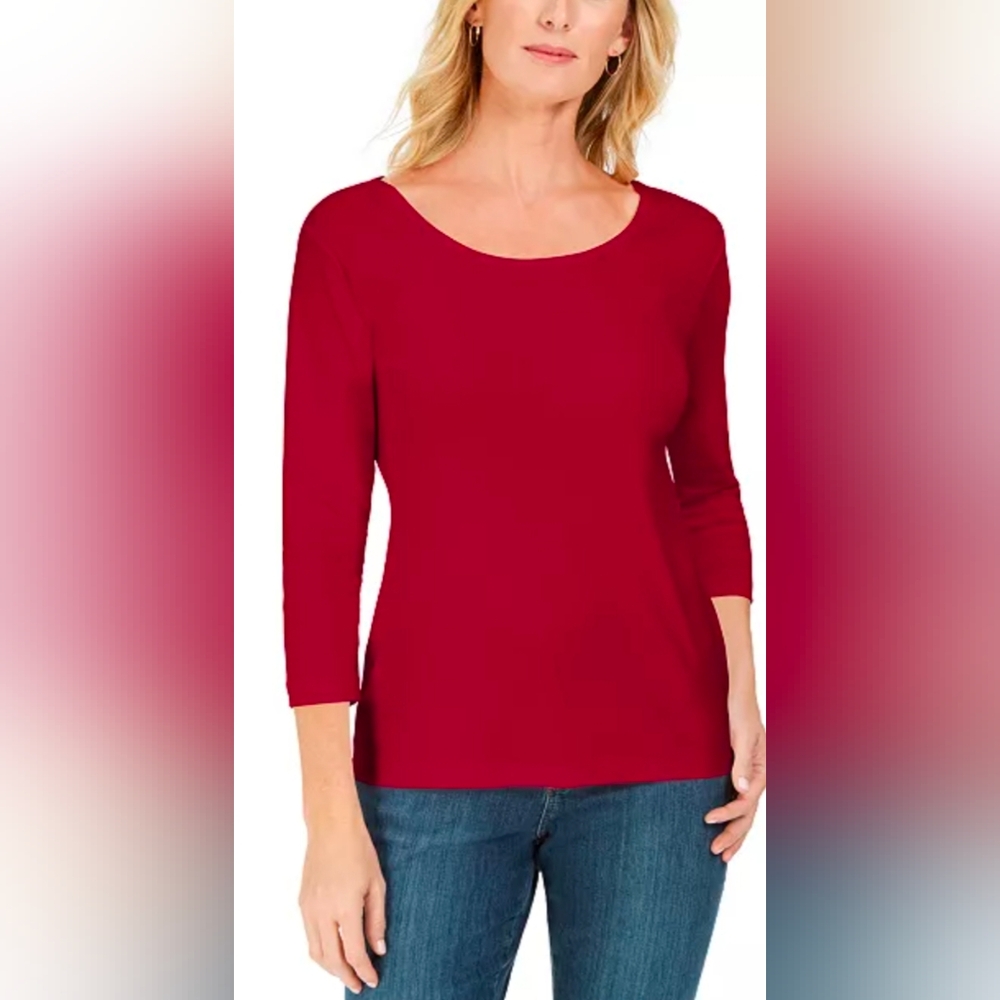 Karen Scott Petites Red 3/4 Sleeve Scoop Neck Shirt